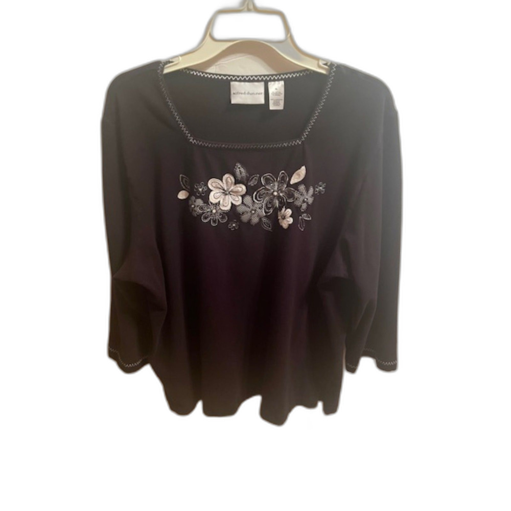 Vtg Alfred Dunner Black & White Embroidered Top XL